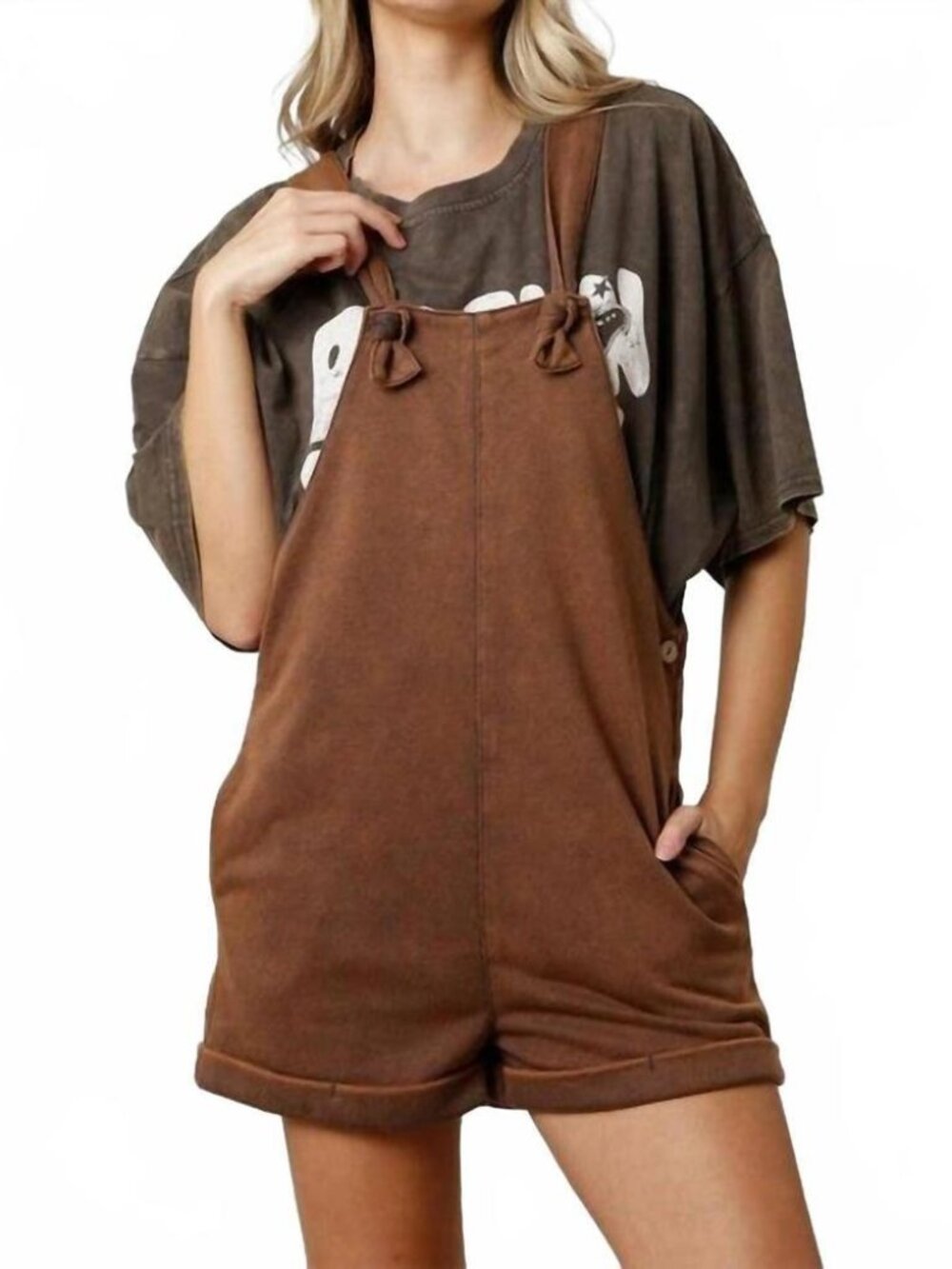NEW FANTASTIC FAWN french terry knit overall romper in washed brown